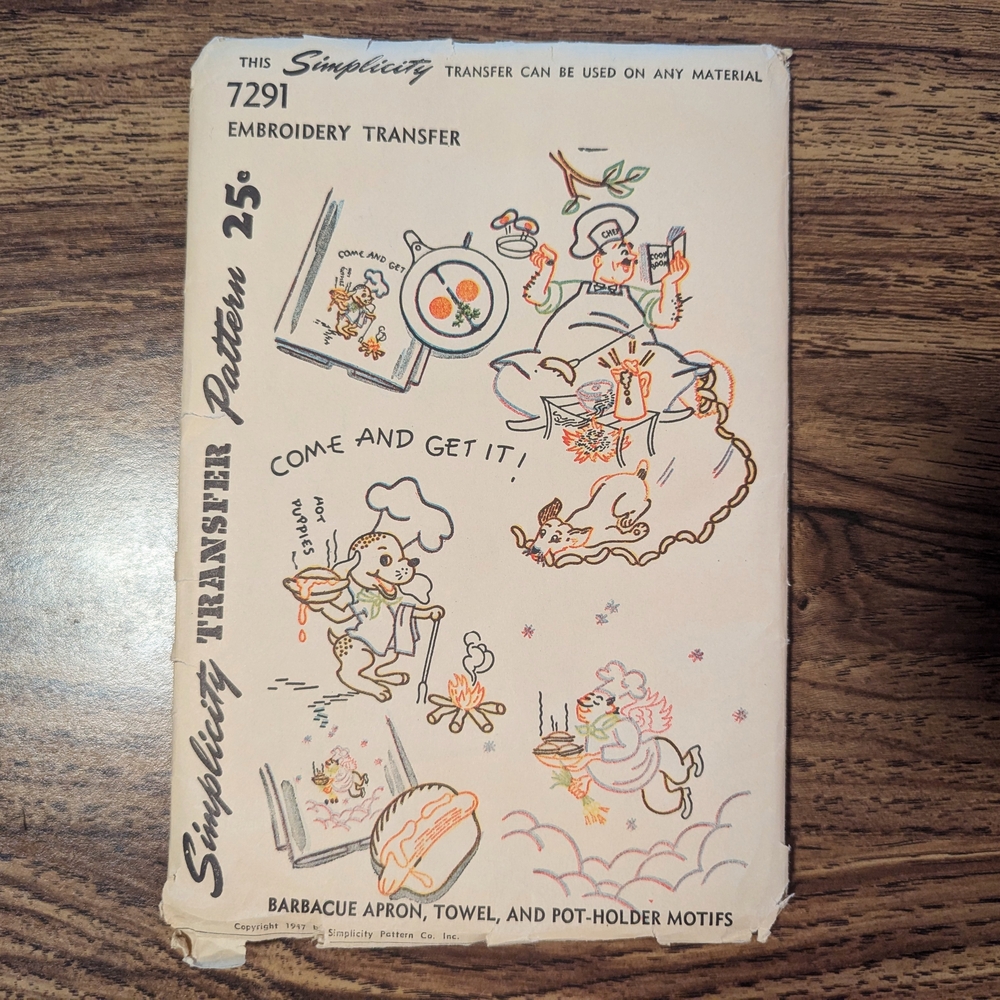 Rare Vintage 1947 Simplicity 7291 Embroidery Transfer Aprons Towels Pot-Holders